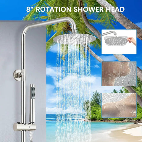 8 Inch Rain Shower System With Handheld Sprayer And Wall Mount Faucet in Brushed Nickel showing water flow and beach background