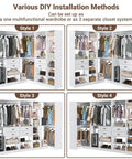 Built Tough Freestanding Walk In Closet 3 Piece Kit With Big Time Storage Shelves showcasing four installation styles, solid wood drawers, and hanging rods.