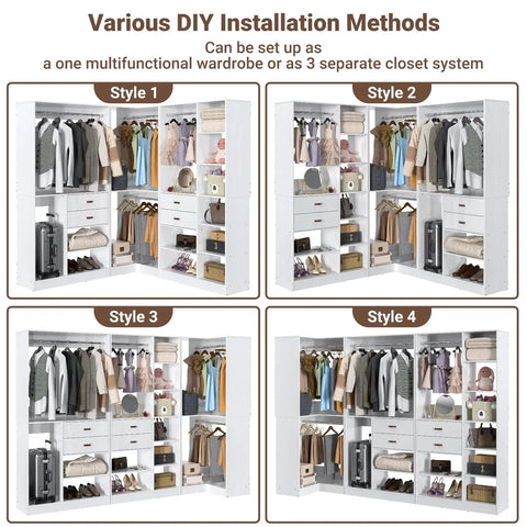Built Tough Freestanding Walk In Closet 3 Piece Kit With Big Time Storage Shelves showcasing four installation styles, solid wood drawers, and hanging rods.