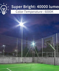 Crazy Bright 400W LED Flood Light With 40000LM, IP66 Waterproof Outdoor Security Lighting, illuminating a tennis court at night