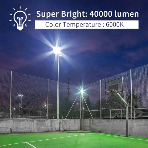 Crazy Bright 400W LED Flood Light With 40000LM, IP66 Waterproof Outdoor Security Lighting, illuminating a tennis court at night