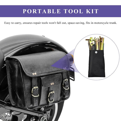 On The Go 7 Piece Motorcycle Repair Tool Kit With Wrench Pliers And Screwdrivers for Roadside Fixes shown in black leather bag