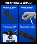 Orion Motor Tech 3L transmission fluid pump with built-in gauge, oil inlet & lid wrench, push-on connectors, and storage belt