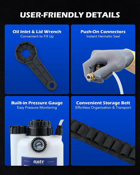 Orion Motor Tech 3L transmission fluid pump with built-in gauge, oil inlet & lid wrench, push-on connectors, and storage belt
