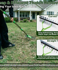 Person using Thatch Rake For Lawn With 65 Inch Handle, Beast 14 Inch Dethatching Rake For Grass on lawn, showing curved tines.