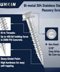 Bi Metal Masonry Screws Stainless 304 Self Tapping Size 14 X 1 5/8 Inch Hex Head Hardened Tip Built To Last Rustproof