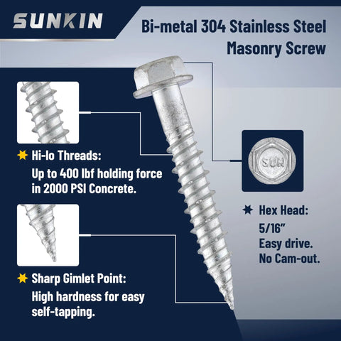 Bi Metal Masonry Screws Stainless 304 Self Tapping Size 14 X 1 5/8 Inch Hex Head Hardened Tip Built To Last Rustproof