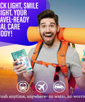 Man holding Mini Disposable Travel Toothbrush With Pre Pasted Toothpaste And Built In Toothpick No Rinse Fluoride Free Softex
