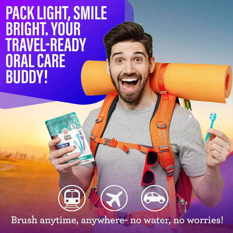Man holding Mini Disposable Travel Toothbrush With Pre Pasted Toothpaste And Built In Toothpick No Rinse Fluoride Free Softex