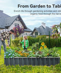 Family gardening in 68x36x12 dark grey sturdy galvanized steel raised garden bed kit with colorful flowers