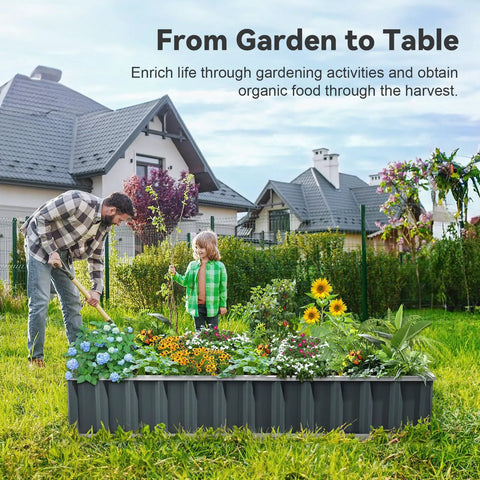 Family gardening in 68x36x12 dark grey sturdy galvanized steel raised garden bed kit with colorful flowers