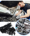 Mechanic using 200 Piece Car Wire Loom Routing Clips Push Mount Assortment with ties for wiring harness repair