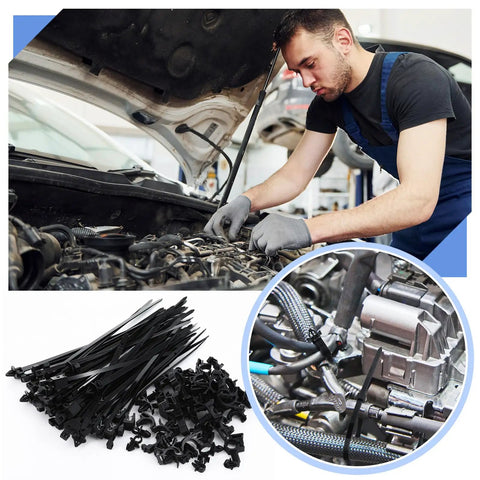 Mechanic using 200 Piece Car Wire Loom Routing Clips Push Mount Assortment with ties for wiring harness repair