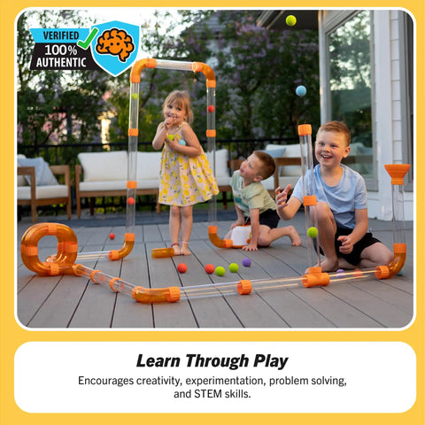 Children playing with Air Toobz Original Air Powered STEM Building Toy For Kids And Teens With Foam Ball Tubes And Airflow Experiments