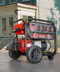 Powerful 5000 Watt Gas Portable Generator With 223cc OHV Engine CO Sensor Shutoff outside a home for backup power