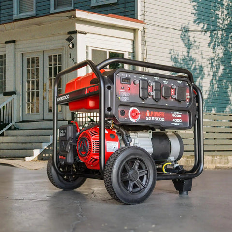 Powerful 5000 Watt Gas Portable Generator With 223cc OHV Engine CO Sensor Shutoff outside a home for backup power