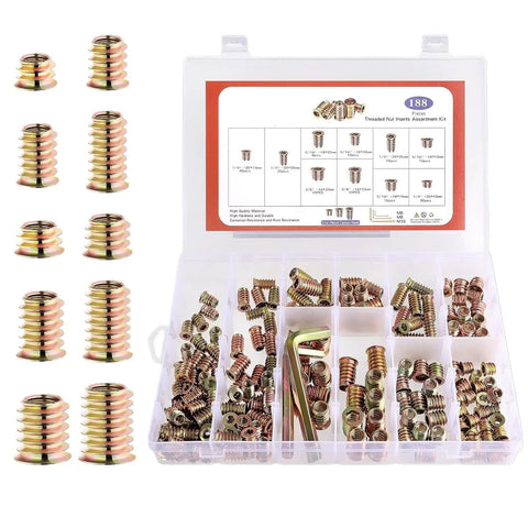 High Performance Threaded Screw Inserts For Wood Featuring Quick Hex Socket Connectors Dead Nuts Secure Furniture Hardware No Stress Diy Build Supplies in a clear box.