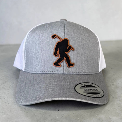 Bigfoot Patch Golf Hat With Sasquatch Holding A Golf Club Heather White Trucker Snapback For Men And Women Outdoor
