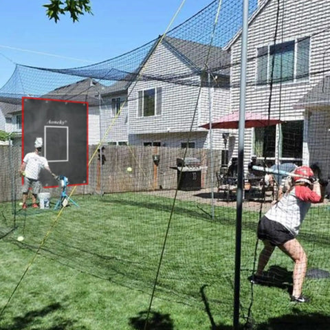 Four By Six Foot Batting Cage Backstop Net With Strike Zone Target For Baseball And Softball Pitching Practice In The Backyard Heavy Duty 600D Oxford Fabric With Eight Bungee Cords For Youth And Beginners Training Net set up in backyard.