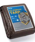 Folded Heavy Duty Waterproof Tarp 20x40 Feet Poly Tarpaulin Cover in brown with label and rhino illustration