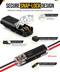 200 Pieces Quick Connect Wire Terminals for Wiring Job Double Push in Plugs showing snap-lock design and clear cap for low voltage use.