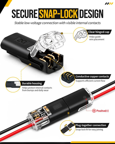 200 Pieces Quick Connect Wire Terminals for Wiring Job Double Push in Plugs showing snap-lock design and clear cap for low voltage use.
