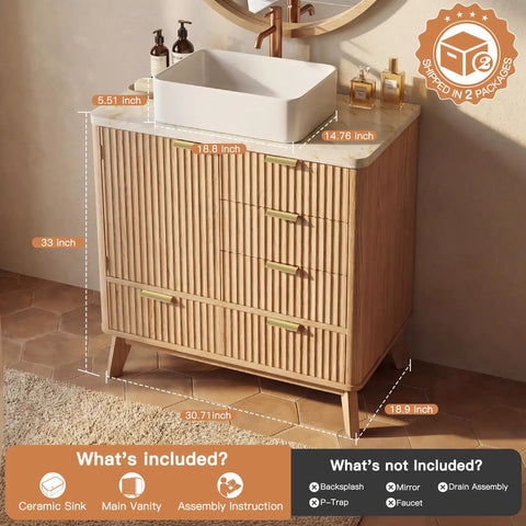 31-Inch Fluted Bathroom Vanity Crafted From Solid Natural Oak Featuring A Heavy-Duty One-Piece Ceramic Bowl Scratch-Proof Topcoat Straight-Up Durable Built Like A Tank For The Daily Grind Easy Breezy Install Long Haul Performance