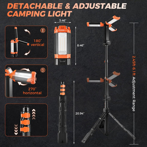 All In One Portable Camping Light With Stand, 20000mAh Outdoor Work Light, Detachable Tripod, 6.1 Ft Height shown in detail
