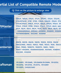 Partial list of compatible remote models for LiftMaster, Chamberlain, Craftsman garage door openers, includes multiple model numbers.