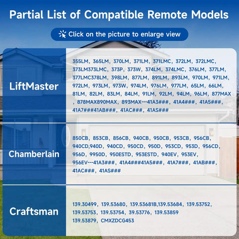 Partial list of compatible remote models for LiftMaster, Chamberlain, Craftsman garage door openers, includes multiple model numbers.