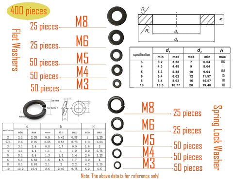 400 Piece Washer Kit With Flat And Spring Lock Washers In M3 M4 M5 M6 M8 Sizes, Carbon Steel Black Finish, detailed specifications