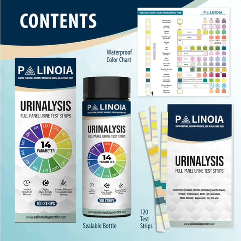 14 Parameter Urine Test Strips Full Panel For Home Health Check 100 Count Bottle With Urinalysis Screening For Kidney And Liver Health And UTI Detection Includes Ketones Protein Hydration And Acidity Level, bottle and color chart