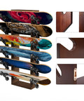 Six Tier Wooden Skateboard Wall Rack Mount 36 Inch Display Stand And Storage Organizer with six colorful skateboards