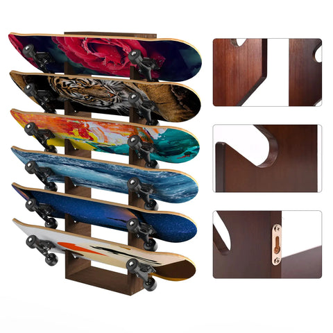 Six Tier Wooden Skateboard Wall Rack Mount 36 Inch Display Stand And Storage Organizer with six colorful skateboards