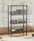 Built Like A Tank Four Tier Heavy Duty Wire Storage Shelves With Wheels For Closet Bathroom Pantry Kitchen Garage And Laundry Room Organization Black Steel Adjustable Height Shelving Unit Each Shelf Holds 350 Pounds Total 1400 Pound Capacity showcasing gym weights on shelves