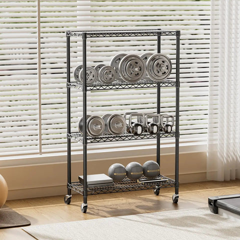 Built Like A Tank Four Tier Heavy Duty Wire Storage Shelves With Wheels For Closet Bathroom Pantry Kitchen Garage And Laundry Room Organization Black Steel Adjustable Height Shelving Unit Each Shelf Holds 350 Pounds Total 1400 Pound Capacity showcasing gym weights on shelves