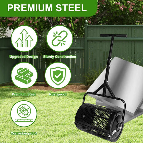 16 Inch Compost Spreader And Peat Moss Spreader For Lawn Care With Adjustable Handle And Steel Mesh Basket for yard use