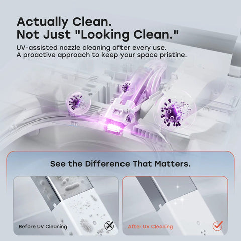 Sleek Sensor Activated Smart Toilet With Built In Bidet Pump And Self Cleaning Deodorizer Featuring Heated Seat And Smooth Flushing Action Straight Up Perfect For Low Water Pressure Modern Bathrooms - UV-assisted nozzle cleaning before and after.