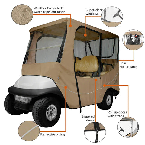 Fairway Long Roof 4-Person Golf Cart Enclosure For Travel with weatherproof fabric, zippers, and duffle bag, fits most carts