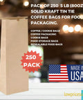 Pack Of 250 Brown Paper Tin Tie Coffee Bags With Reclosable Seal Stand Up Pouches On Display With USA Flag