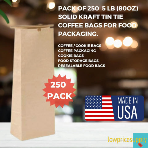 Pack Of 250 Brown Paper Tin Tie Coffee Bags With Reclosable Seal Stand Up Pouches On Display With USA Flag