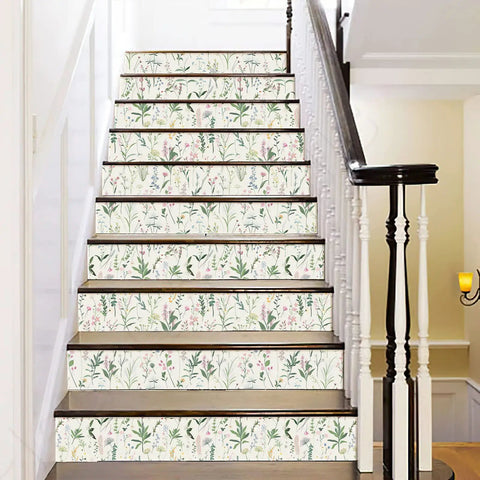 Peel And Stick Floral Wallpaper Vinyl Roll Easy Install 17.3 Inch Wide By 393.7 Inch Long Covers 47.4 Sq Ft For Kitchen Cabinets And Furniture Vintage Flower Pattern on stairs.