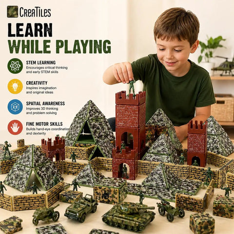 Child playing with Military Battlefield Base Magnetic Tiles Building Blocks Army War Themed Playset for Imaginative Building