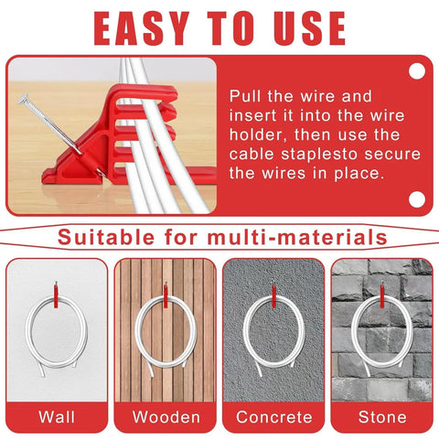 100 Pack Multi Cable Staples Compatible With Romex Clips, secure red wire stackers demonstrating easy wire installation on various surfaces.