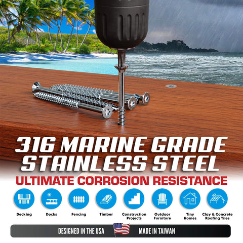 Marine Grade 316 Stainless Steel Wood Screws Size 10 By 3 Inch With Torx T25 Drive 350 Pack against outdoor decking.