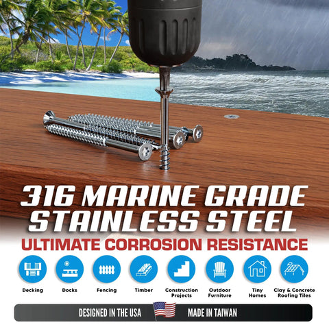316 Marine Grade Stainless Steel Wood Screws 3 Inch 100 Pack With T25 Star Driver Bit on outdoor wooden surface