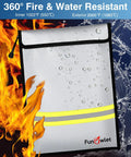 Fireproof And Waterproof All In One Money And Document Bag 15 By 11 Inches With Upgraded Zipper Fire And Water Resistant Storage Organizer Pouch For A4 A5 Documents Cash Jewelry Passport Tablet And Laptop Gray with fire and water resistance features displayed.