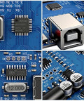 Close-up of Arduino Compatible ATmega328P Microcontroller Board With USB Cable For Beginners And Pros, showing components.