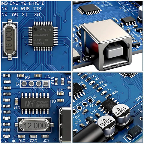 Close-up of Arduino Compatible ATmega328P Microcontroller Board With USB Cable For Beginners And Pros, showing components.