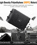 4U Shallow 19 Inch Rackmount Case with HDPE material and detachable covers on rocky surface, highlighting steel rack rails and latches.